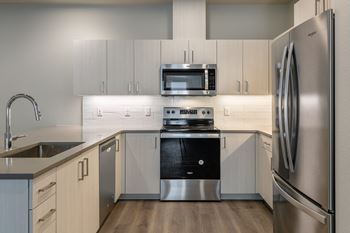 Stainless steel appliances including built-in microwave, refrigerator, and dishwasher